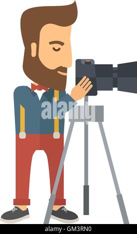 Photographer Standing preparing his camera with tripod. Stock Vector