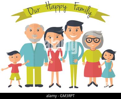 Happy family illustration. Father, mother, grandparents, son and dauther portrait with banner. Stock Vector