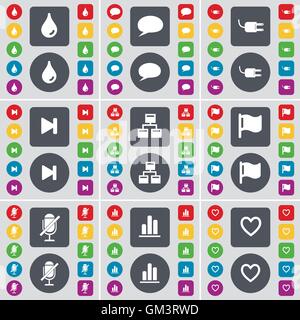 Drop, Chat bubble, Socket, Media skip, Network, Flag, Microphone, Diagram, Heart icon symbol. A large set of flat, colored butto Stock Vector