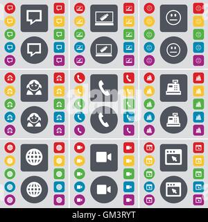 Chat bubble, Laptop, Smile, Avatar, Receiver, Cash register, Globe, Film camera, Window icon symbol. A large set of flat, colored buttons for your design. Vector Stock Vector
