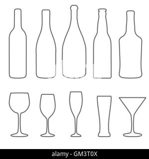 Alcohol thin lines icons set. Wine. beer, gin, champagne icons Stock Vector