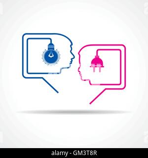 Male - female face with light-bulb and plug make message bubble Stock Vector