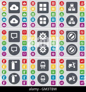 Cloud, Apps, Network, Chat bubble, Gear, Stop, Fire extinguisher, Train, Scooter icon symbol. A large set of flat, colored buttons for your design. Vector Stock Vector