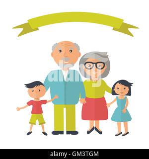 Senior grandparents with their grandchilds. People family concept. Flat style vector. Grandparent day illustration. Stock Vector