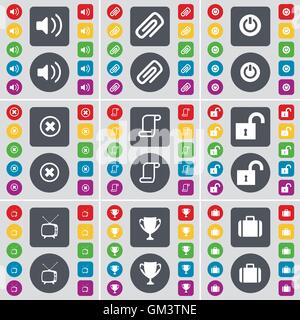 Sound, Clip, Power, Stop, Scroll, Lock, Retro TV, Cup, Suitcase icon symbol. A large set of flat, colored buttons for your desig Stock Vector