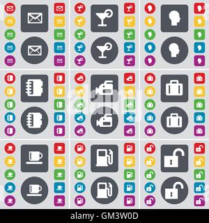 Message, Cocktail, Silhouette, Notebook, Videocamera, Suitcase, Cup, Gas station, Lock icon symbol. A large set of flat, colored buttons for your design. Vector Stock Vector