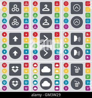 Gear, Hanger, Arrow up, Arrow right, Talk, Dropbox, Cloud, Trash can icon symbol. A large set of flat, colored buttons for your Stock Vector