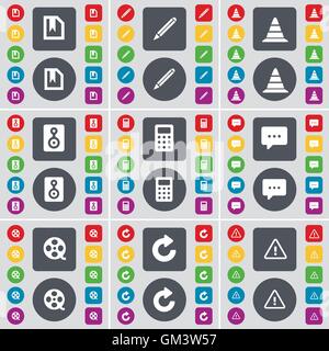 File, Pencil, Cone, Speaker, Calculator, Chat, Videotape, Reload, Warning icon symbol. A large set of flat, colored buttons for your design. Vector Stock Vector