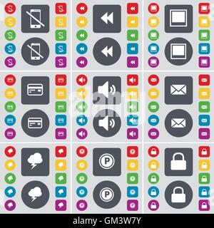 Smartphone, Rewind, Window, Credit card, Sound, Message, Cloud, Parking, Lock icon symbol. A large set of flat, colored buttons for your design. Vector Stock Vector