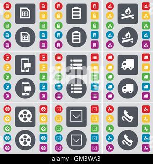 File, Battery, Campfire, SMS, List, Truck, Videotape, Arrow down, Receiver icon symbol. A large set of flat, colored buttons for your design. Vector Stock Vector