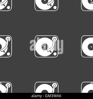 Gramophone, vinyl icon sign. Seamless pattern on a gray background. Vector Stock Vector