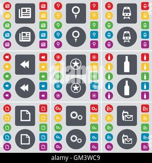 Newspaper, Checkpoint, Train, Rewind, Star, Bottle, File, Gear, SMS icon symbol. A large set of flat, colored buttons for your design. Vector Stock Vector