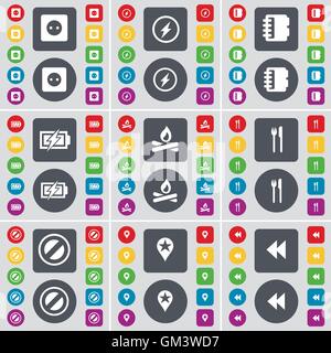 Socket, Flash, Notebook, Charging, Campfire, Fork and knife, Stop, Checkpoint, Rewind icon symbol. A large set of flat, colored buttons for your design. Vector Stock Vector