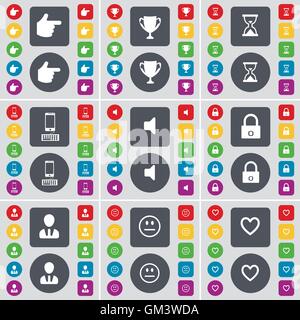 Hand, Cup, Hourglass, Smartphone, Sound, Lock, Avatar, Smile, Heart icon symbol. A large set of flat, colored buttons for your design. Vector Stock Vector