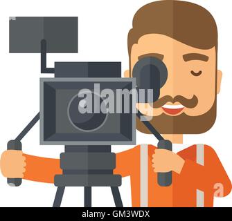 Videographer and his video cam with tripod. Stock Vector