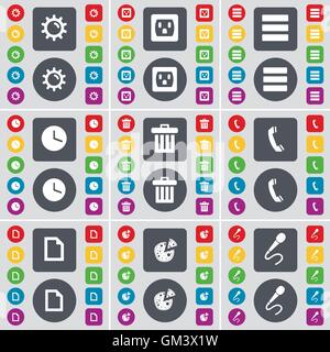 Gear, Socket, Apps, Clock, Trash can, Receiver, File, Pizza, Microphone icon symbol. A large set of flat, colored buttons for your design. Vector Stock Vector