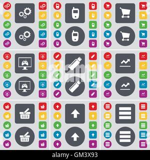 Gears, Mobile phone, Shopping cart, Monitor, USB, Graph, Basket, Arrow up, Apps icon symbol. A large set of flat, colored button Stock Vector