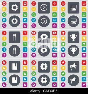 Gear, Arrow right, Monitor, Fork and knife, Chat bubble, Cup, Dictionary, Processor, Megaphone icon symbol. A large set of flat, Stock Vector