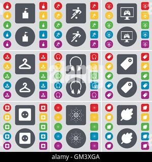 Flag tower, Silhouette, Monitor, Hanger, Headphones, Tag, Socket, Star, Leaf icon symbol. A large set of flat, colored buttons for your design. Vector Stock Vector