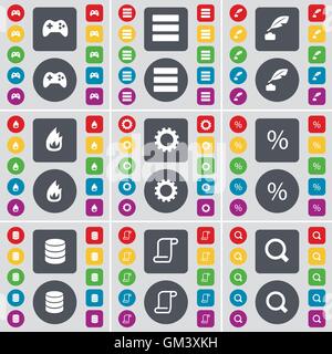 Gamepad, Apps, Ink pen, Fire, Gear, Percent, Database, Scroll, Magnifying glass icon symbol. A large set of flat, colored buttons for your design. Vector Stock Vector