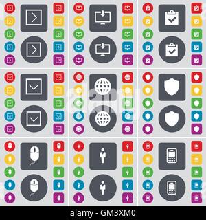 Arrow right, Monitor, Survey, Arrow down, Globe, Badge, Mouse, Silhouette, Mobile phone icon symbol. A large set of flat, colored buttons for your design. Vector Stock Vector