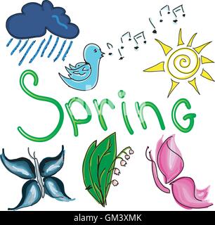 Drawn colored bird with word spring Stock Vector