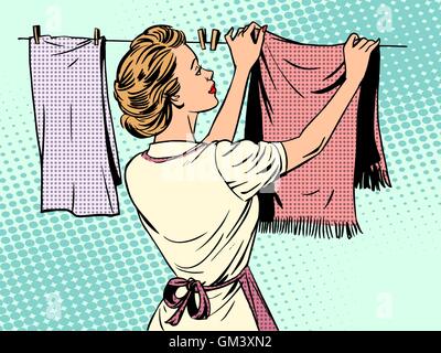 woman hangs clothes after washing housewife housework comfort Stock Vector