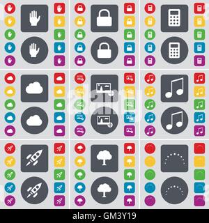 Hand, Lock, Calculator, Cloud, Picture, Note, Rocket, Tree, Stars icon symbol. A large set of flat, colored buttons for your design. Vector Stock Vector