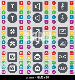 Wrench, Sound, Clef, Wrench, Full screen, Laptop, Socket, Message, Cassette icon symbol. A large set of flat, colored buttons for your design. Vector Stock Vector