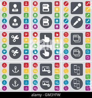 Avatar, SIM card, Microphone, Scissors, Hand, Window, Anchor, Picture, Connection icon symbol. A large set of flat, colored buttons for your design. Vector Stock Vector