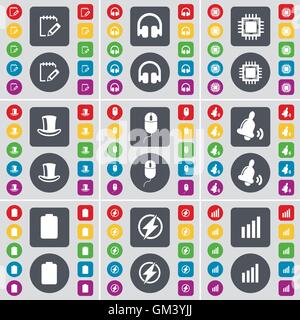 Notebook, Headphones, Processor, Silk hat, Mouse, Bell, Battery, Flash, Diagram icon symbol. A large set of flat, colored buttons for your design. Vector Stock Vector