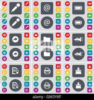Microphone, Mail, Battery, Back, Folder, Trumped, Text file, Printer, Brush icon symbol. A large set of flat, colored buttons for your design. Vector Stock Vector