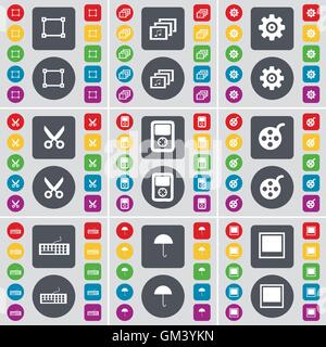 Frame, Gallery, Gear, Scissors, Player, Videotape, Keyboard, Umbrella, Window icon symbol. A large set of flat, colored buttons for your design. Vector Stock Vector