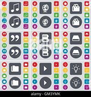 Note, Globe, Shopping cart, Quotation mark, SIM card, Hard drive, Folder, Media play, Light bulb icon symbol. A large set of flat, colored buttons for your design. Vector Stock Vector