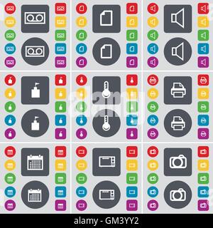 Cassette, File, Sound, Flag tower, Thermometer, Printer, Calendar, Microwave, Camera icon symbol. A large set of flat, colored buttons for your design. Vector Stock Vector