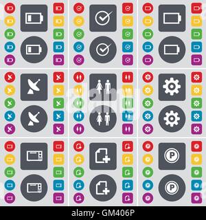 Battery, Tick, Battery, Satellite dish, Silhouette, Gear, Microwave, File, Parking icon symbol. A large set of flat, colored buttons for your design. Vector Stock Vector