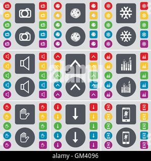 Camera, Pizza, Snowflake, Sound, Arrow up, Graph, Hand, Arrow down, Smartphone icon symbol. A large set of flat, colored buttons for your design. Vector Stock Vector