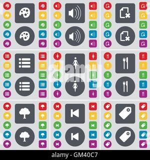 Palette, Sound, File, List, Silhouette, Fork and knife, Tree, Media skip, Tag icon symbol. A large set of flat, colored buttons Stock Vector