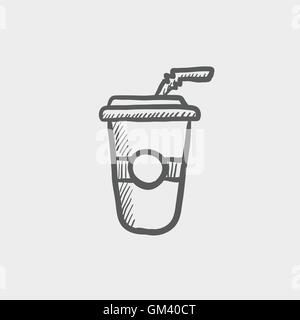 Soda in plastic cup with straw sketch icon Stock Vector