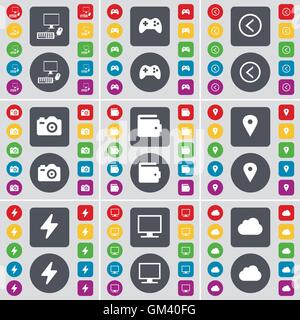 PC, Gamepad, Arrow left, Camera, Wallet, Checkpoint, Flash, Monitor, Cloud icon symbol. A large set of flat, colored buttons for your design. Vector Stock Vector