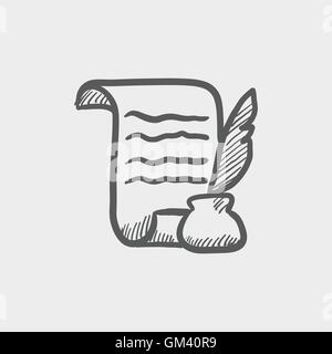 Paper scroll with feather pen sketch icon Stock Vector
