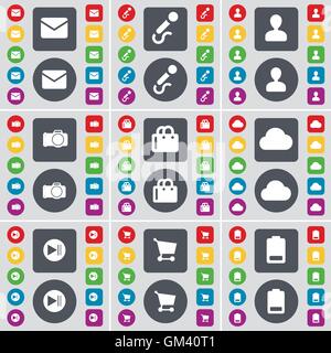 Message, Microphone, Avatar, Camera, Shopping bag, Cloud, Media  icon symbol. A large set of flat, colored buttons for your design. Vector Stock Vector