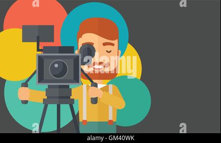 Videographer and his video cam with stand. Stock Vector