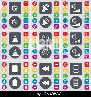 Survey, Satellite dish, Volume, Cone, Smile, Volume, Battery, Re icon symbol. A large set of flat, colored buttons for your desi Stock Vector