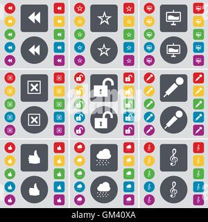 Rewind, Star, Graph, Stop, Lock, Microphone, LIke, Cloud, Clef icon symbol. A large set of flat, colored buttons for your design. Vector Stock Vector