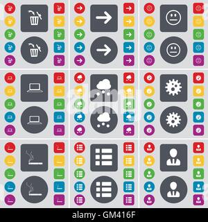 Trash can, Arrow right, Smile, Laptop, Cloud, Gear, Cigarette, List, Avatar icon symbol. A large set of flat, colored buttons fo Stock Vector