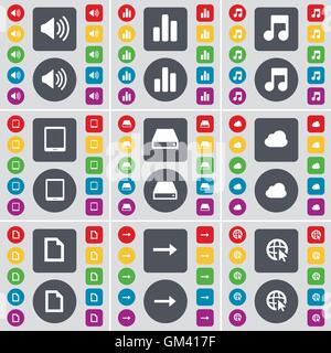 Sound, Diagram, Note, Tablet PC, Hard drive, Cloud, File, Arrow right, Web cursor icon symbol. A large set of flat, colored buttons for your design. Vector Stock Vector