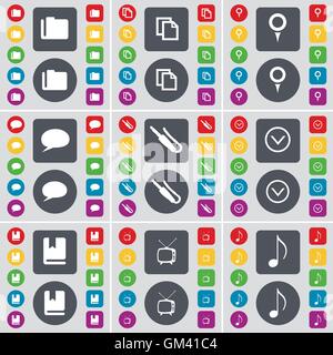 Folder, Copy, Checkpoint, Chat bubble, Microphone connector, Arrow down, Dictionary, Retro TV, Note icon symbol. A large set of flat, colored buttons for your design. Vector Stock Vector
