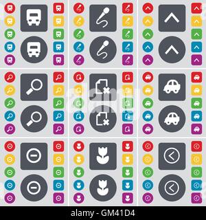 Truck, Microphone, Arrow up, Magnifying glass, Fire, Car, Minus, Flower, Arrow left icon symbol. A large set of flat, colored buttons for your design. Vector Stock Vector