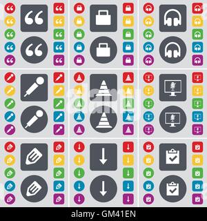 Qoutation mark, Lock, Headphones, Microphone, Cone, Monitor, Pencil, Arrow down, Survey icon symbol. A large set of flat, colored buttons for your design. Vector Stock Vector